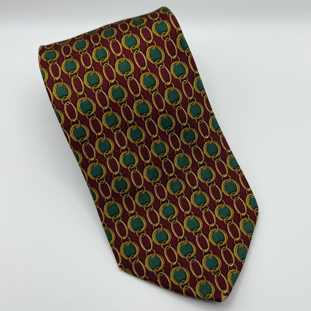 Brooks Brothers Silk Tie OS Burgundy Green Gold Chain Link Preppy Old Money USA